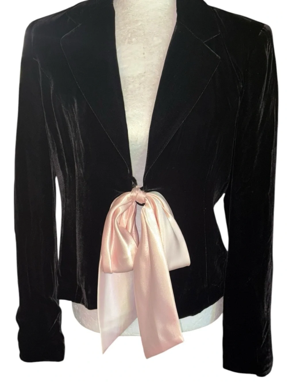 Ideology Black Silk Blend Velvet Blush Pink Bow Tie Y2K Blazer - 4